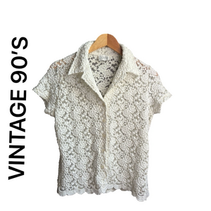 Vintage 90’s Cream Short Sleeve Semi Sheer Blouse Shirt Small